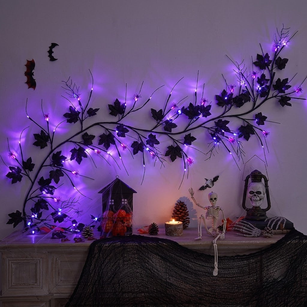 🕷️ Halloween Coral Branch & Black Maple Leaf String Lights