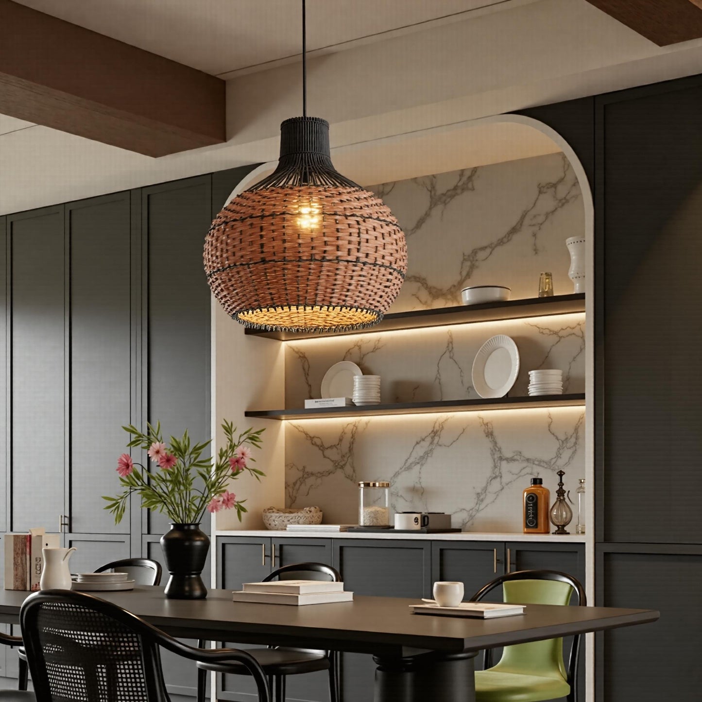 Two-Tone Rattan Pendant Light - Black & Natural Woven Bell Chandelier