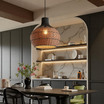 Two-Tone Rattan Pendant Light - Black & Natural Woven Bell Chandelier