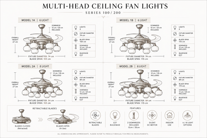 Retractable Ceiling Fan Light - Walnut & Glass Globes