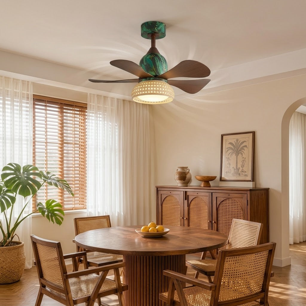 Retro Tropical Rattan Ceiling Fan with Light - 28" 5-Blade Fan