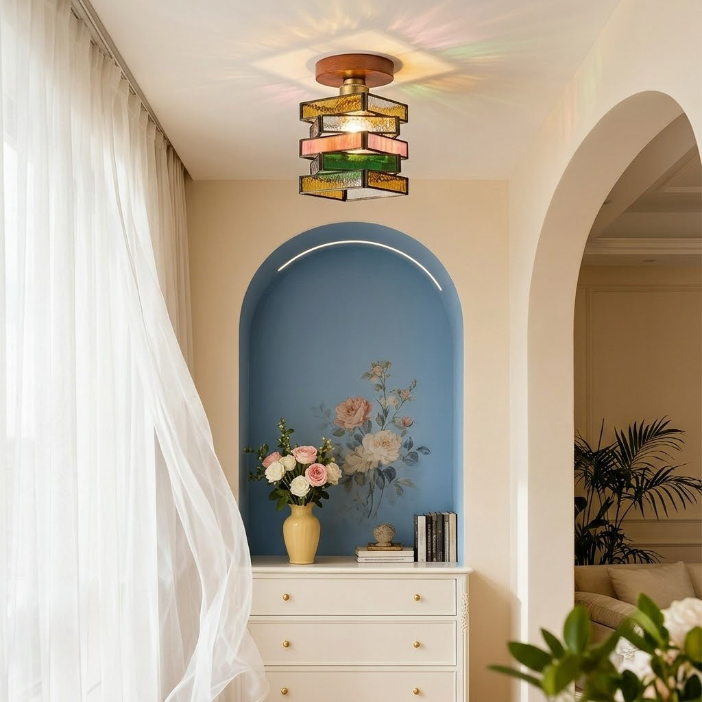 Handcrafted Vintage Geometric Stained Glass Ceiling Light