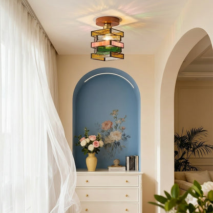 Handcrafted Vintage Geometric Stained Glass Ceiling Light