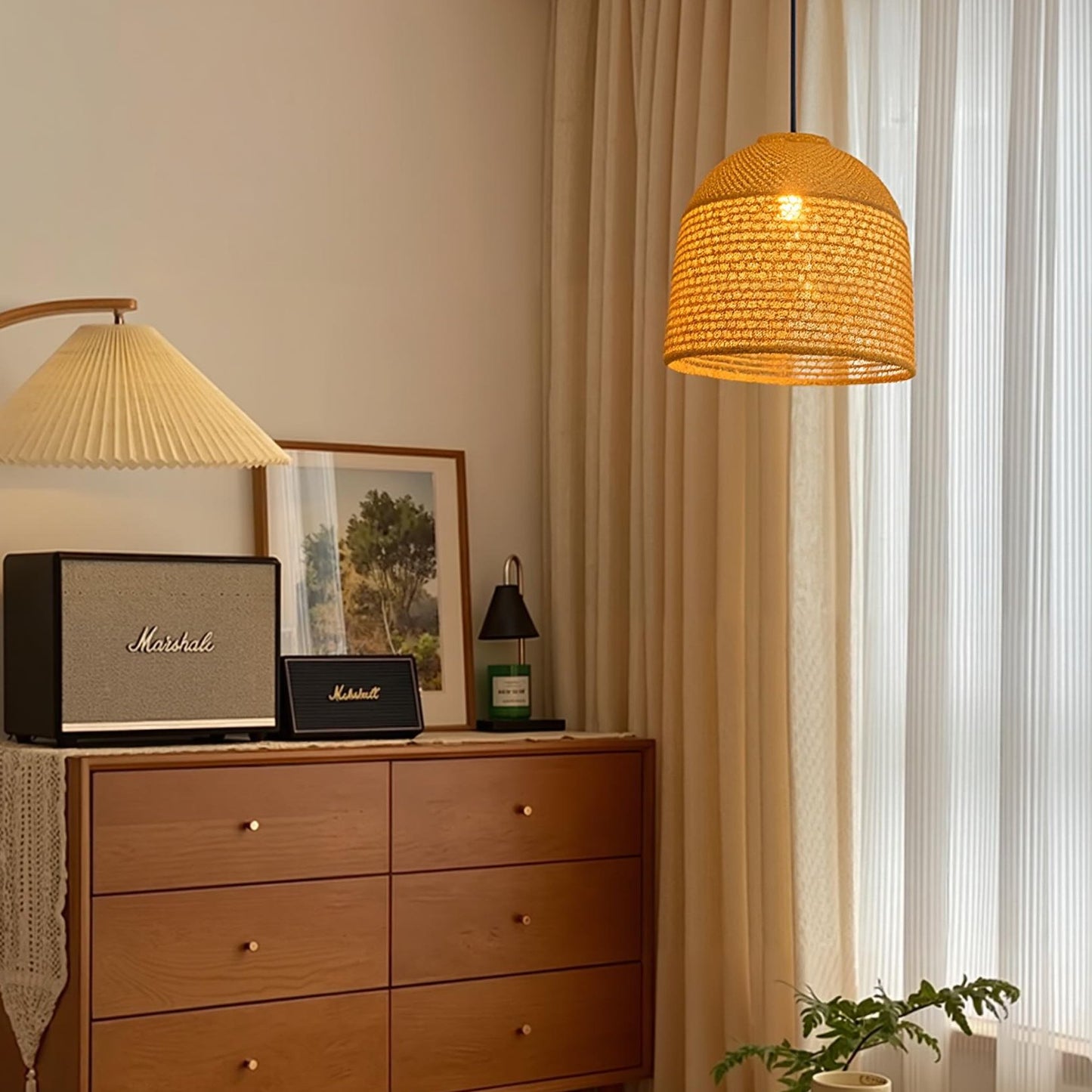 Modern Hand-Woven Straw Pendant Light - Japandi Open Weave Dome Lamp