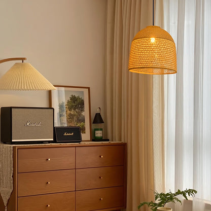 Modern Hand-Woven Straw Pendant Light - Japandi Open Weave Dome Lamp