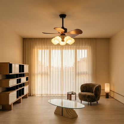 Nordic Wood Effect Ceiling Fan with Light & Hanging Rod for Bedroom & Living Room