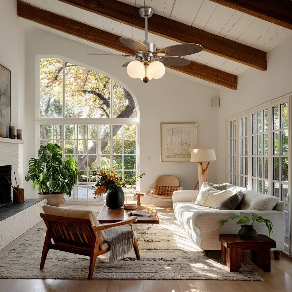 Modern Style Ceiling Fan with Light Iron & Glass Shades for Bedroom