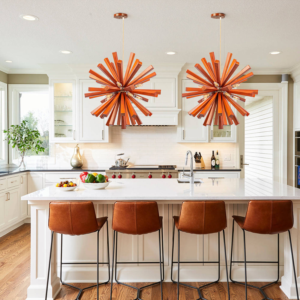 Mid-Century Solid Wood Starburst Chandelier - Retro Wooden Sputnik Pendant Light