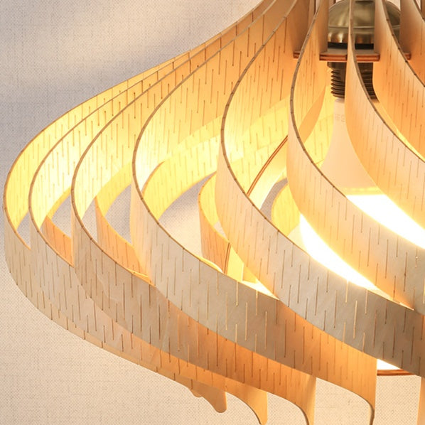Modern Curved Wood Veneer Swirl Pendant Light - Japandi Onion Dome Chandelier