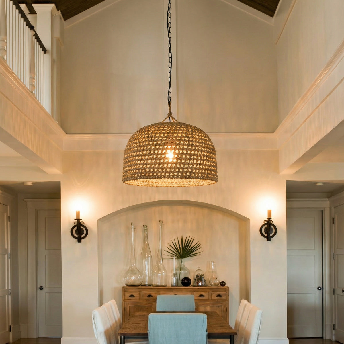 Hand-Woven Jute Rope Pendant Light - Coastal Dome Basket Chandelier