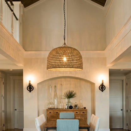 Hand-Woven Jute Rope Pendant Light - Coastal Dome Basket Chandelier