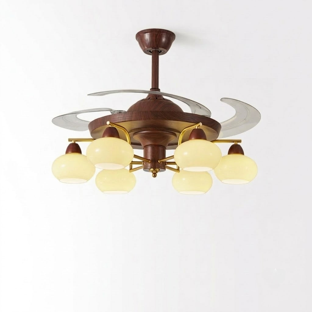 Retractable Ceiling Fan Light - Walnut & Glass Globes