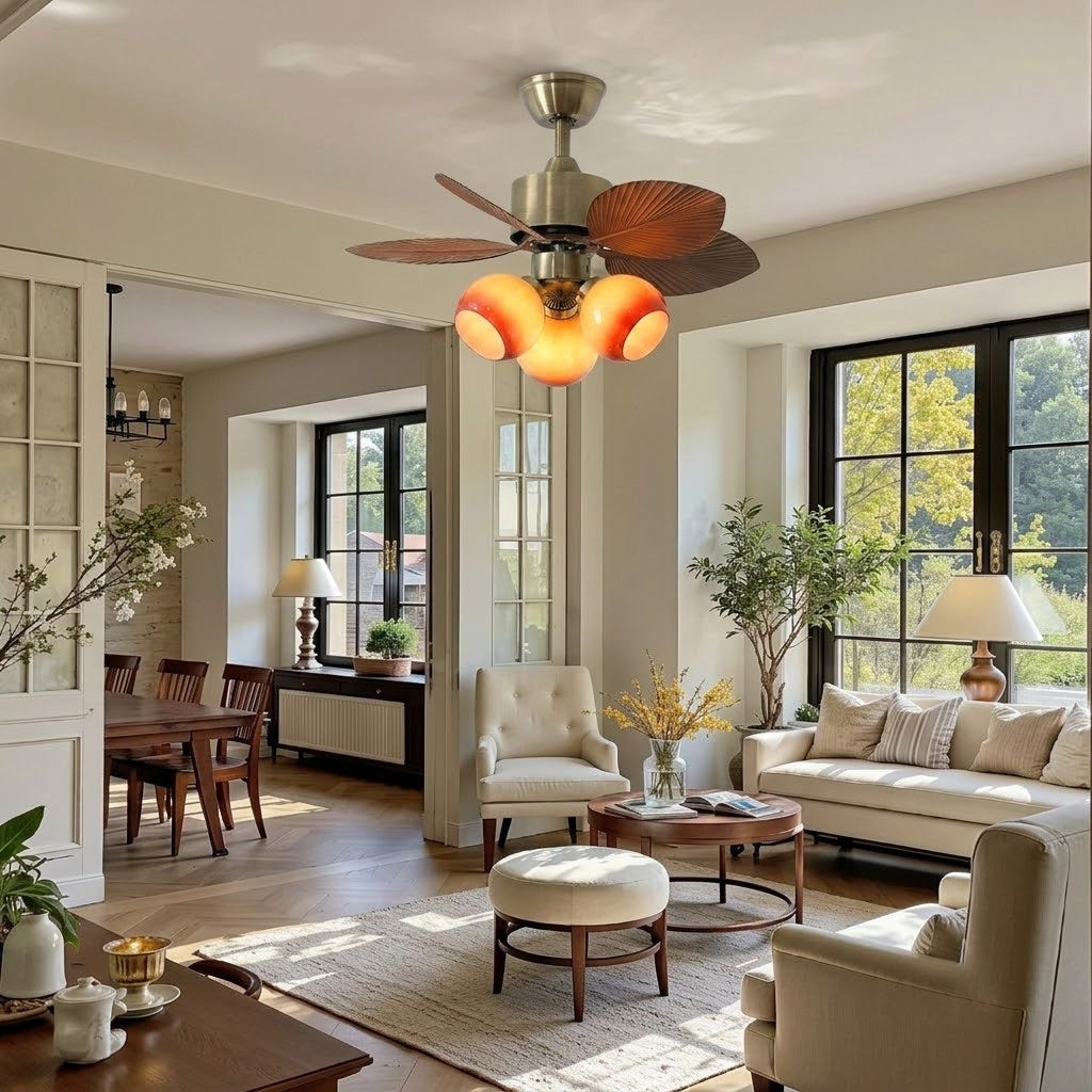 29 Inch Palm Leaf Ceiling Fan with Amber Glass Lights