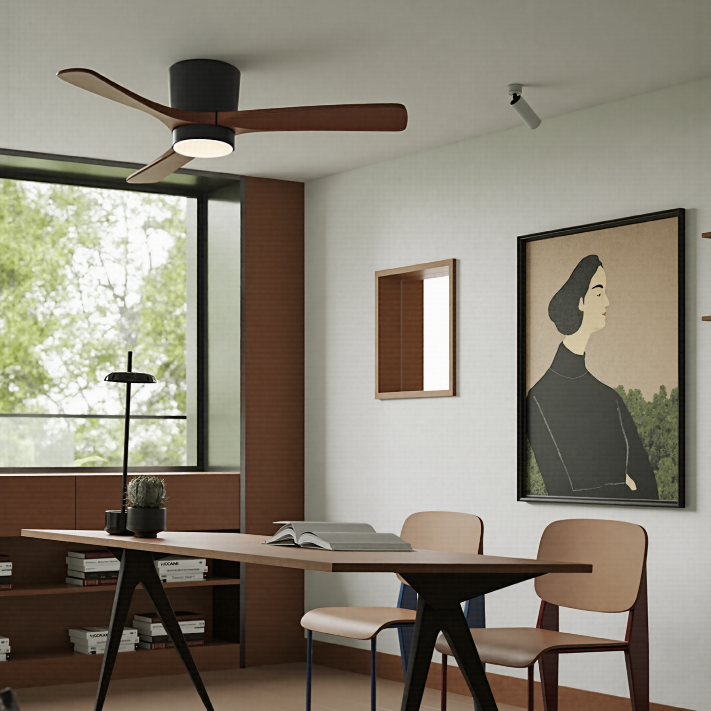 Modern Low Profile Solid Wood Ceiling Fan with Light - 3-Blade Hugger LED Fan Flush Mount