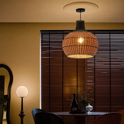 Two-Tone Rattan Pendant Light - Black & Natural Woven Bell Chandelier