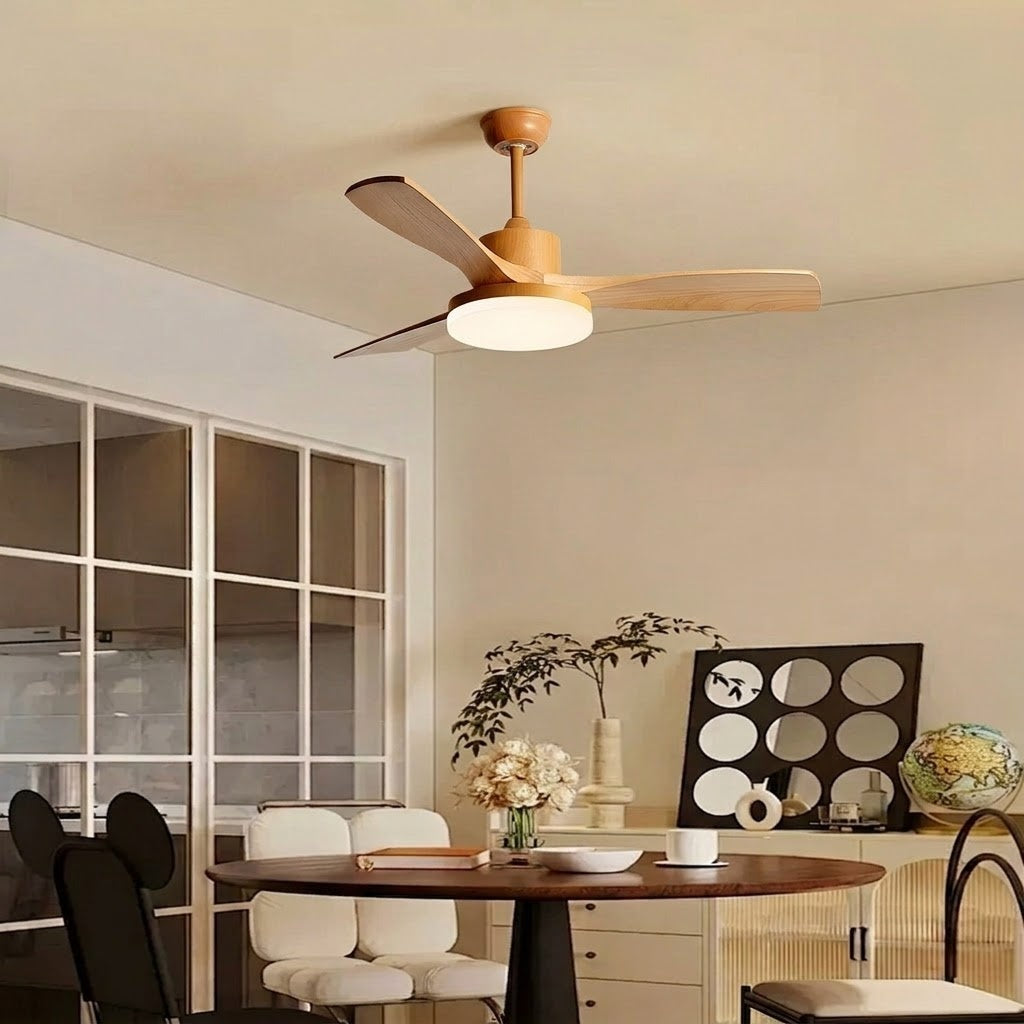 Modern Style Ceiling Fan with Light Natural Wood Finish & LED for Bedroom