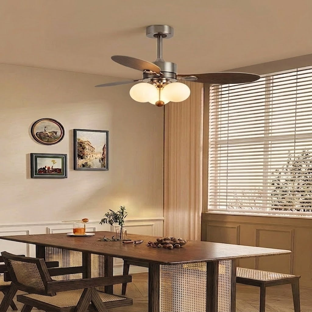 Modern Style Ceiling Fan with Light Iron & Glass Shades for Bedroom