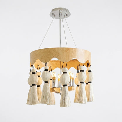 Modern Rustic Wood Tassel Chandelier - 6-Light Pendant