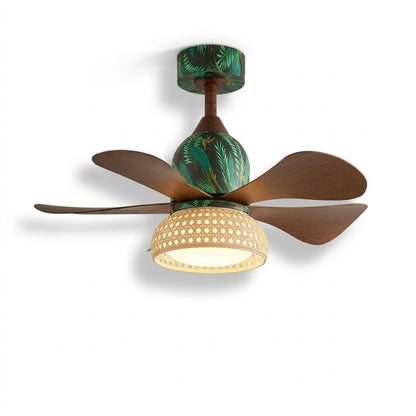 Retro Tropical Rattan Ceiling Fan with Light - 28" 5-Blade Fan