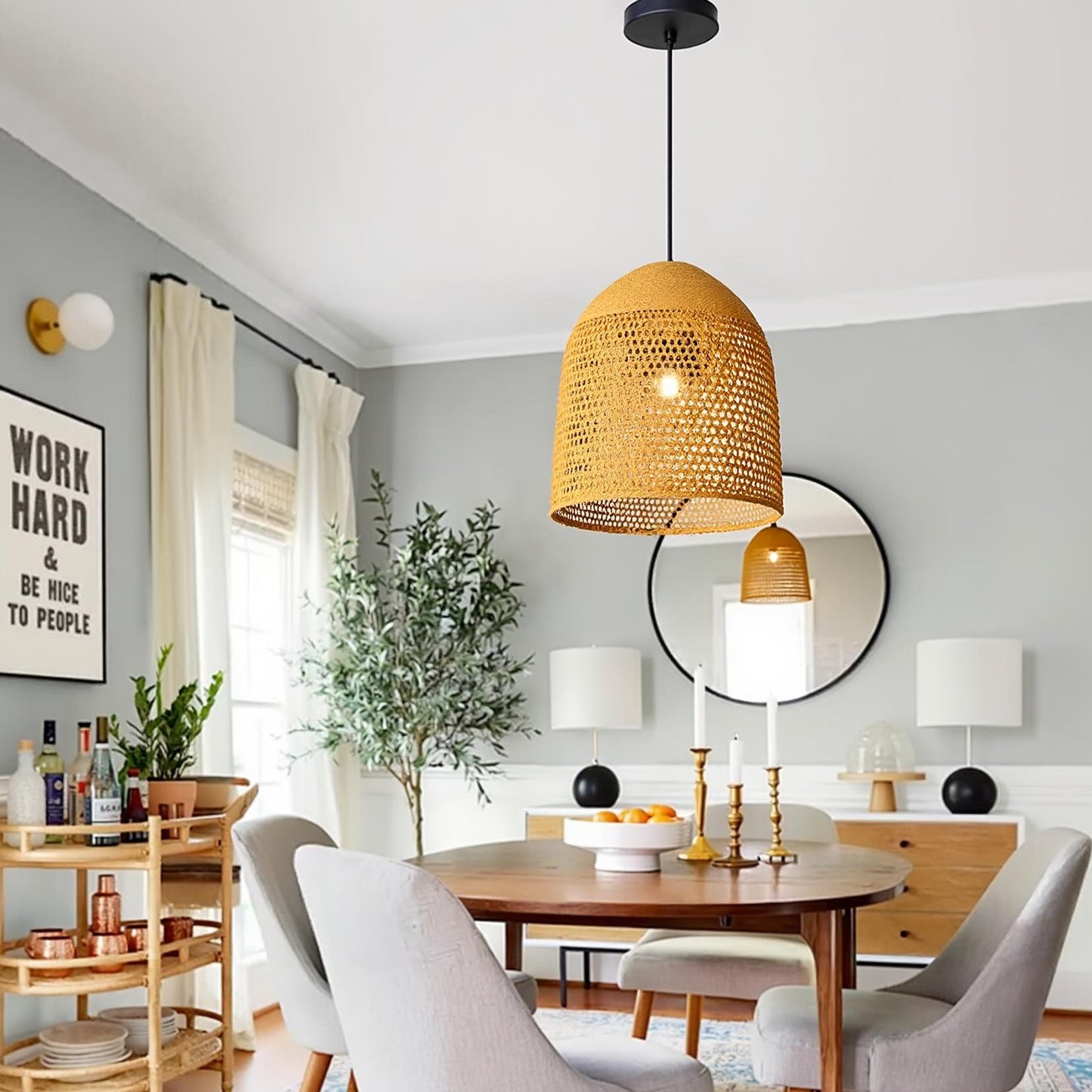 Modern Hand-Woven Straw Pendant Light - Japandi Open Weave Dome Lamp