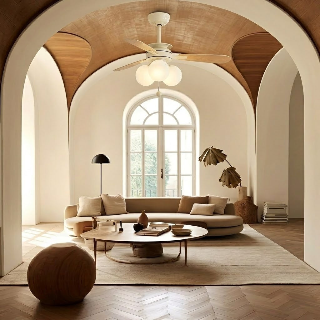 Modern Nordic Wooden Ceiling Fan with Light, 3 Glass Shades for Bedroom Living Room
