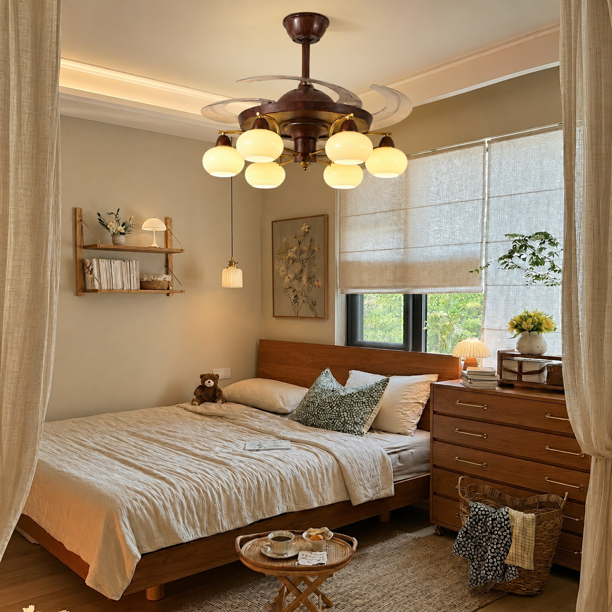 Retractable Ceiling Fan Light - Walnut & Glass Globes
