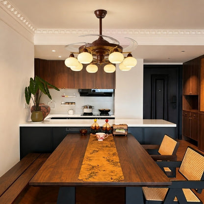 Retractable Ceiling Fan Light - Walnut & Glass Globes