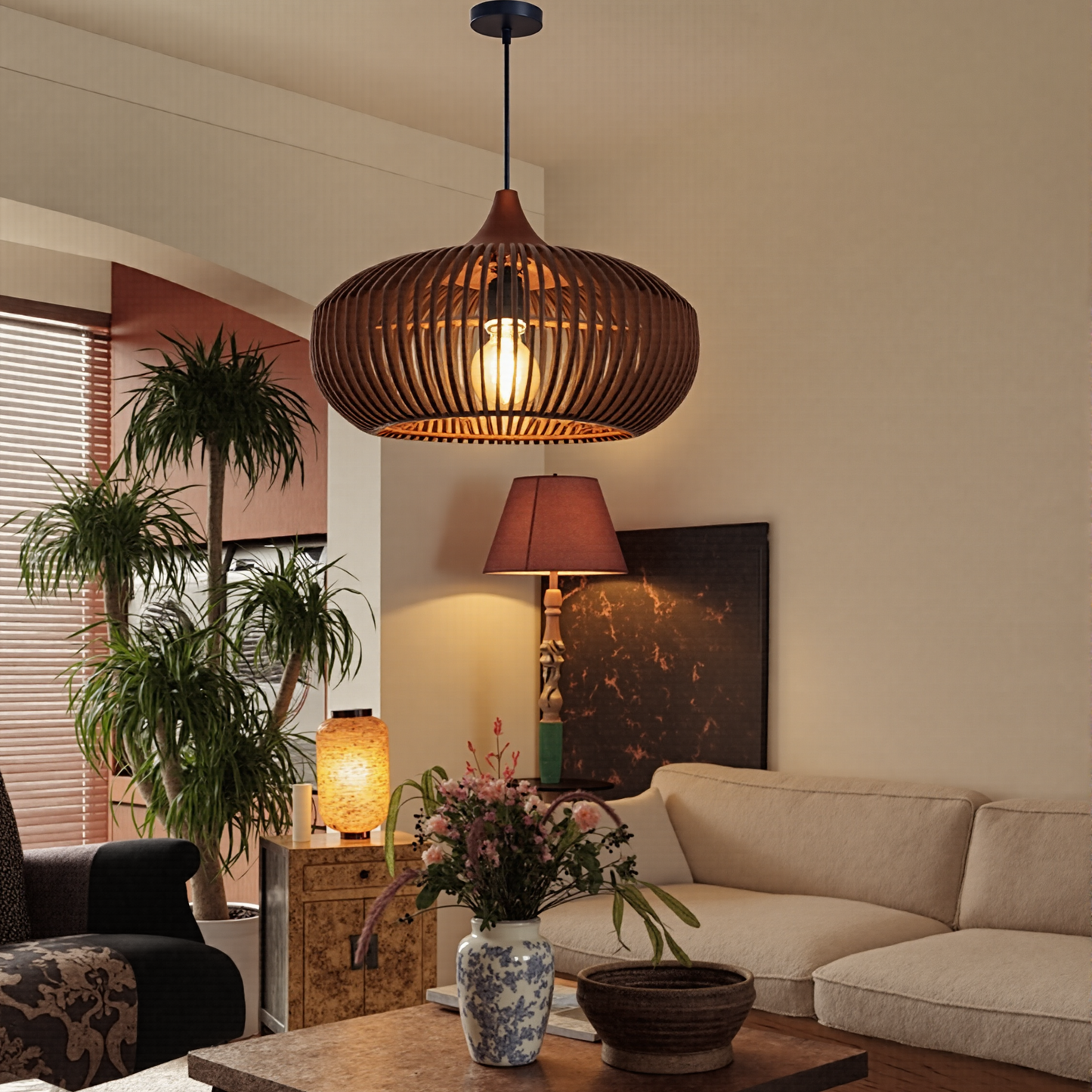 Modern Slatted Wood Pendant Light - Nordic Pumpkin Wood Chandelier
