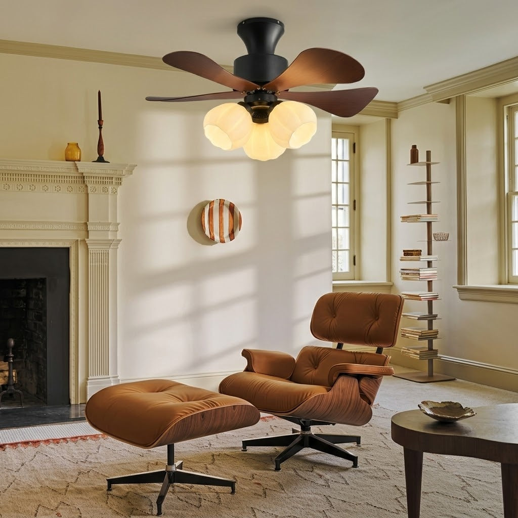 Nordic Wood Effect Ceiling Fan with Light, Frosted Flower Glass Shades for Bedroom & Living Room