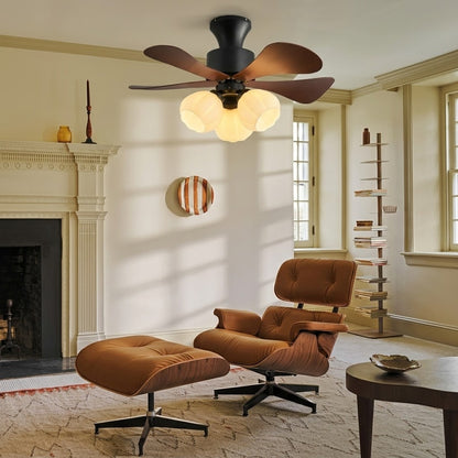 Nordic Wood Effect Ceiling Fan with Light, Frosted Flower Glass Shades for Bedroom & Living Room