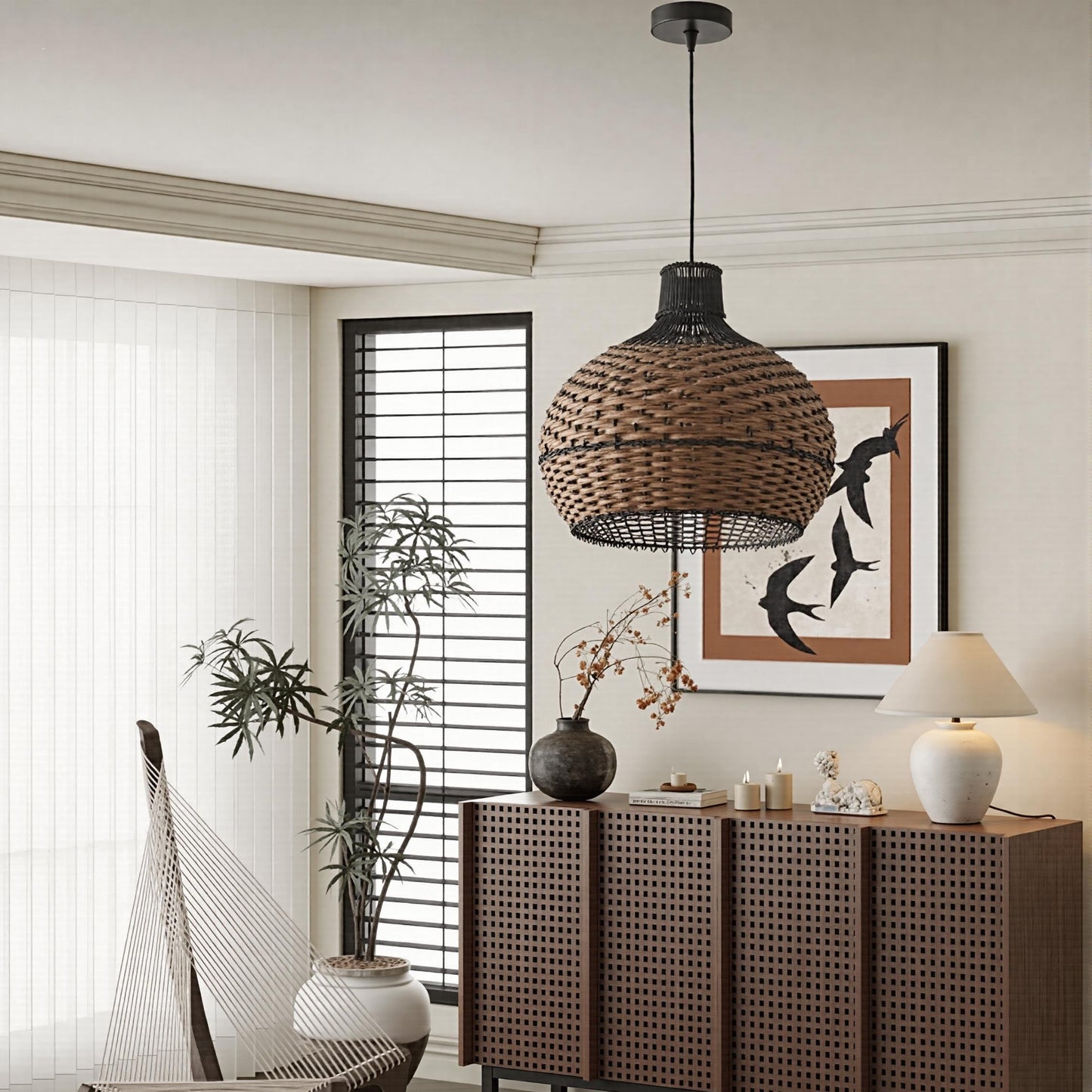 Two-Tone Rattan Pendant Light - Black & Natural Woven Bell Chandelier