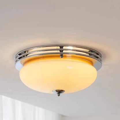 Mid-Century Bauhaus Chrome Flush Mount Ceiling Light - Amber Glass Bowl