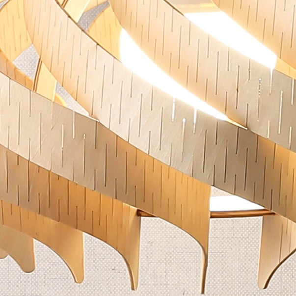 Modern Curved Wood Veneer Swirl Pendant Light - Japandi Onion Dome Chandelier