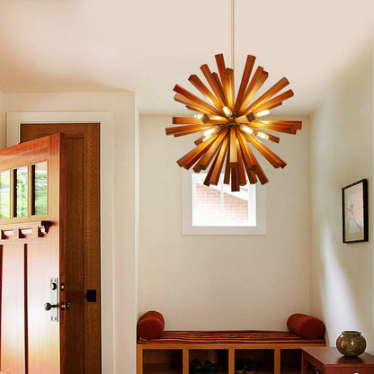 Mid-Century Solid Wood Starburst Chandelier - Retro Wooden Sputnik Pendant Light