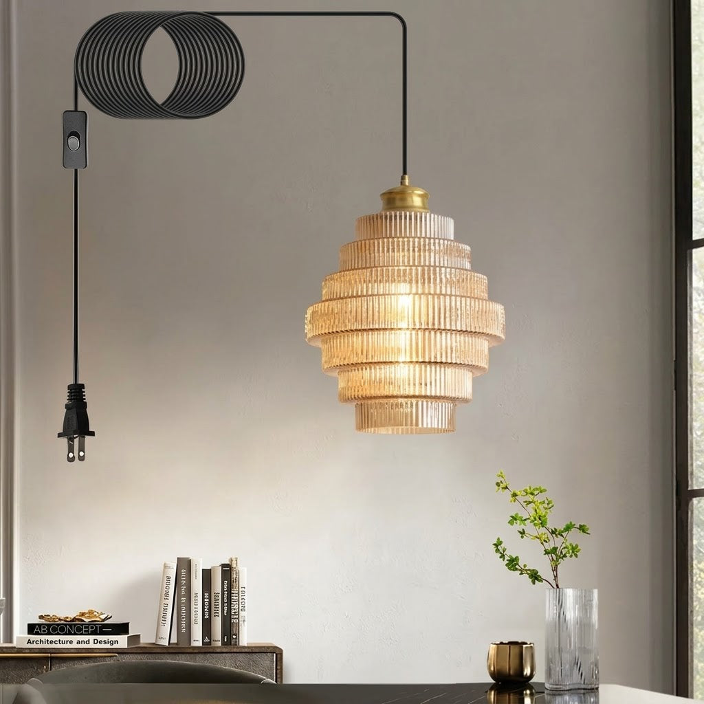 Tiered Ribbed Glass Pendant Light | Sculptural Hand-Blown Glass & Brushed Brass