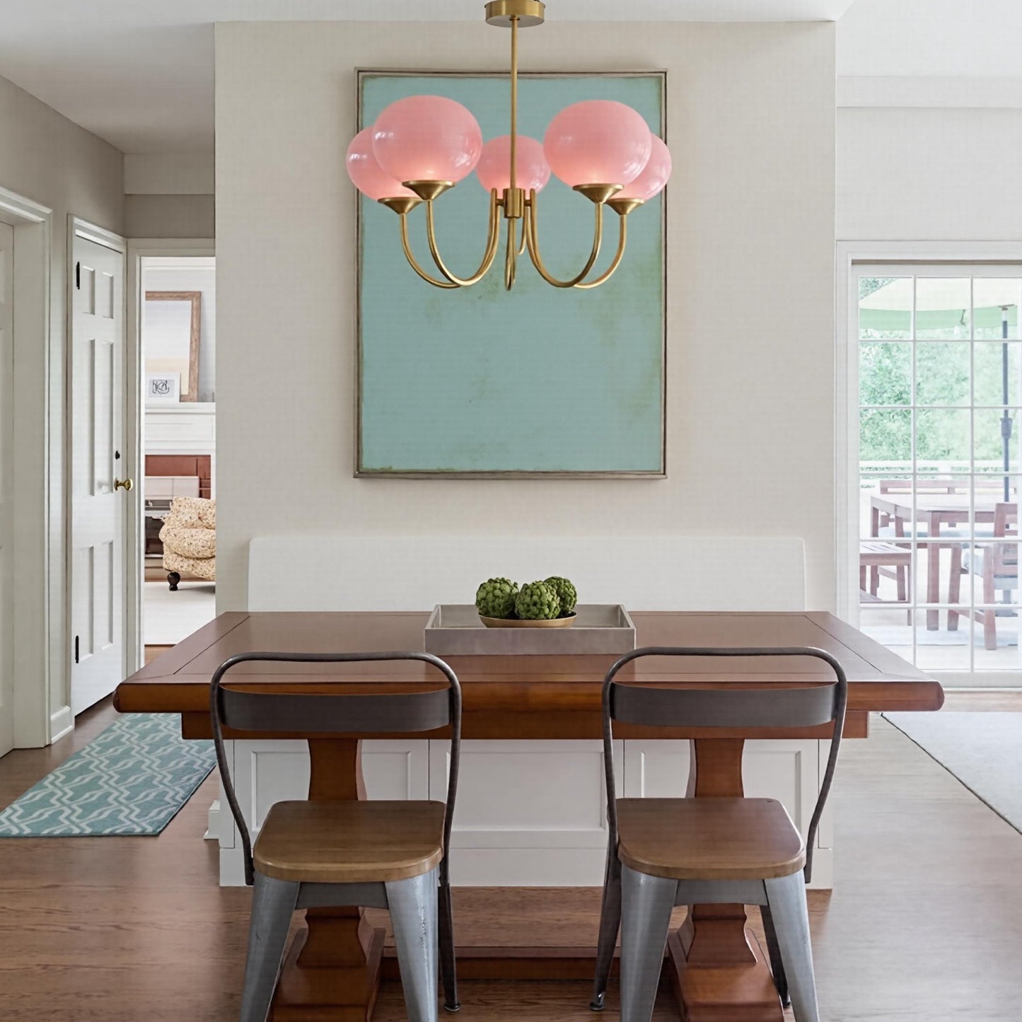 Modern Gooseneck Globe Chandelier - Mid-Century Pink & Orange Glass Pendant
