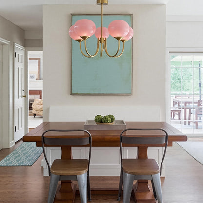 Modern Gooseneck Globe Chandelier - Mid-Century Pink & Orange Glass Pendant