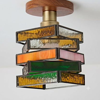 Handcrafted Vintage Geometric Stained Glass Ceiling Light