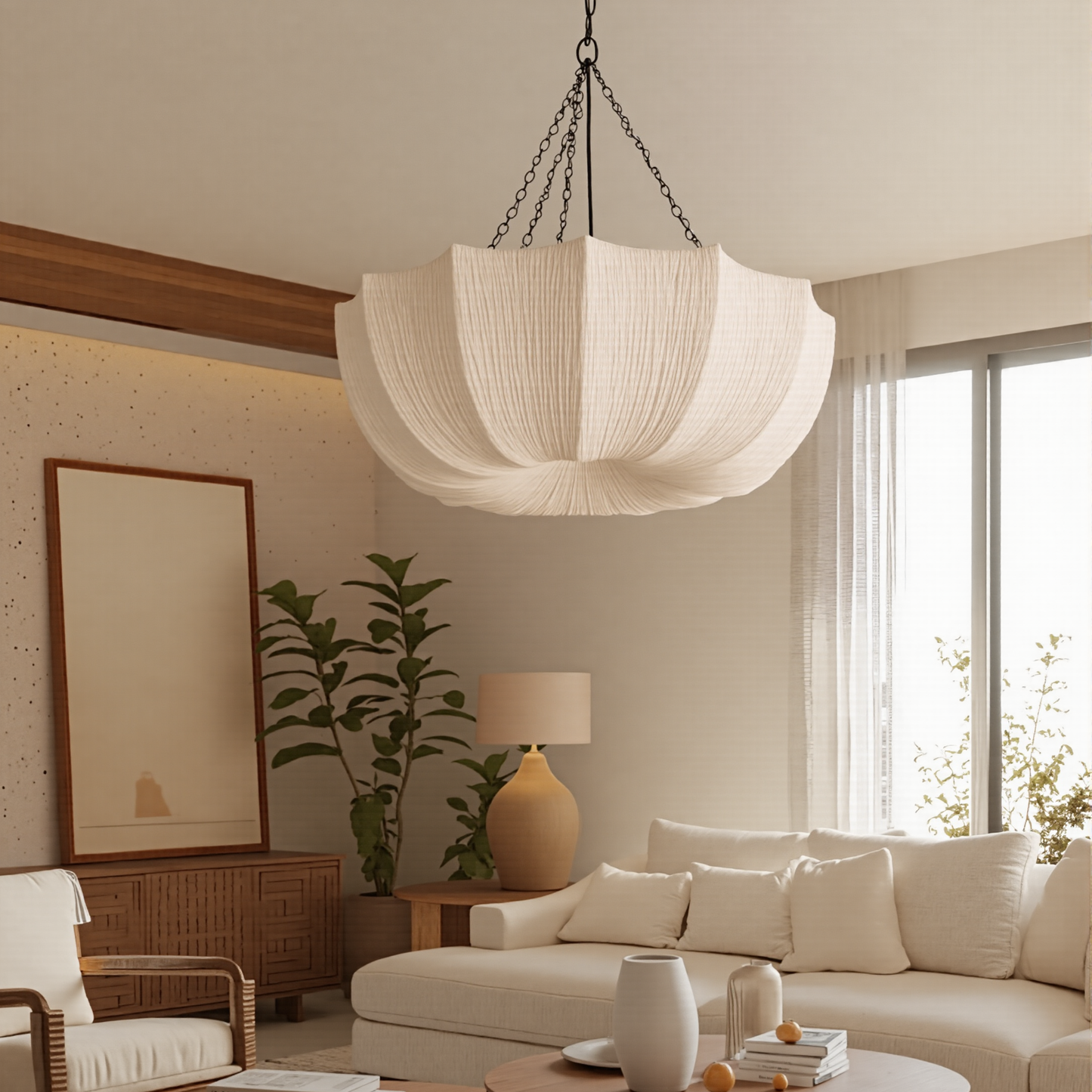 Modern Pleated Fabric Parasol Chandelier - Japandi Organic Modern Pendant Light