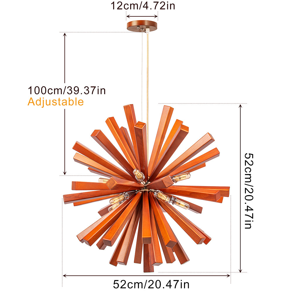 Mid-Century Solid Wood Starburst Chandelier - Retro Wooden Sputnik Pendant Light