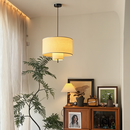 Modern Linen Drum Pendant Light - Japandi Nested Fabric Chandelier