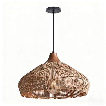 Wabi-sabi Retro Rattan Pendant Wicker Light Fixture Hand-Woven Coastal Boho Dome Lamp