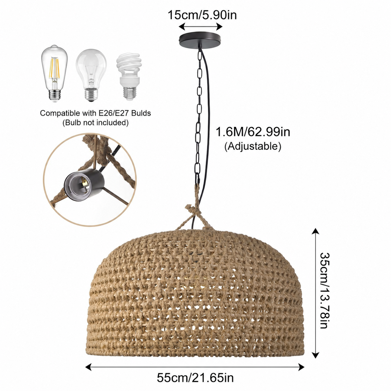 Retro Pendant Lights Hemp Rope Woven Lampshade