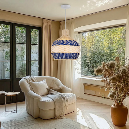 Blue & White Striped Rattan Pendant Light - Woven Nautical Lamp