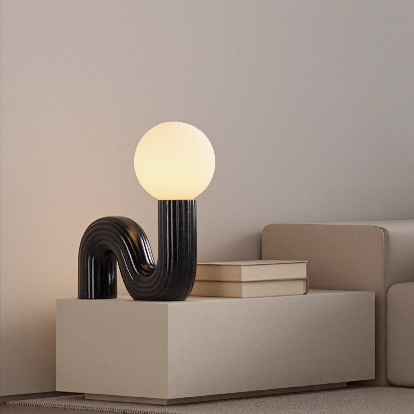 Modern Memphis Wavy Table Lamp - Ribbed Ceramic Snake Globe Light