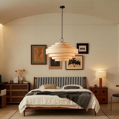 Modern Tiered Wood Veneer Chandelier - Japandi Pagoda Pendant Light