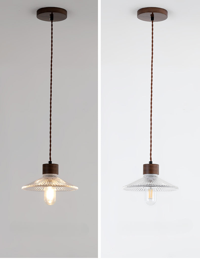 Light Luxury Simple Walnut Wood and Glass Pendant Light for Bedroom