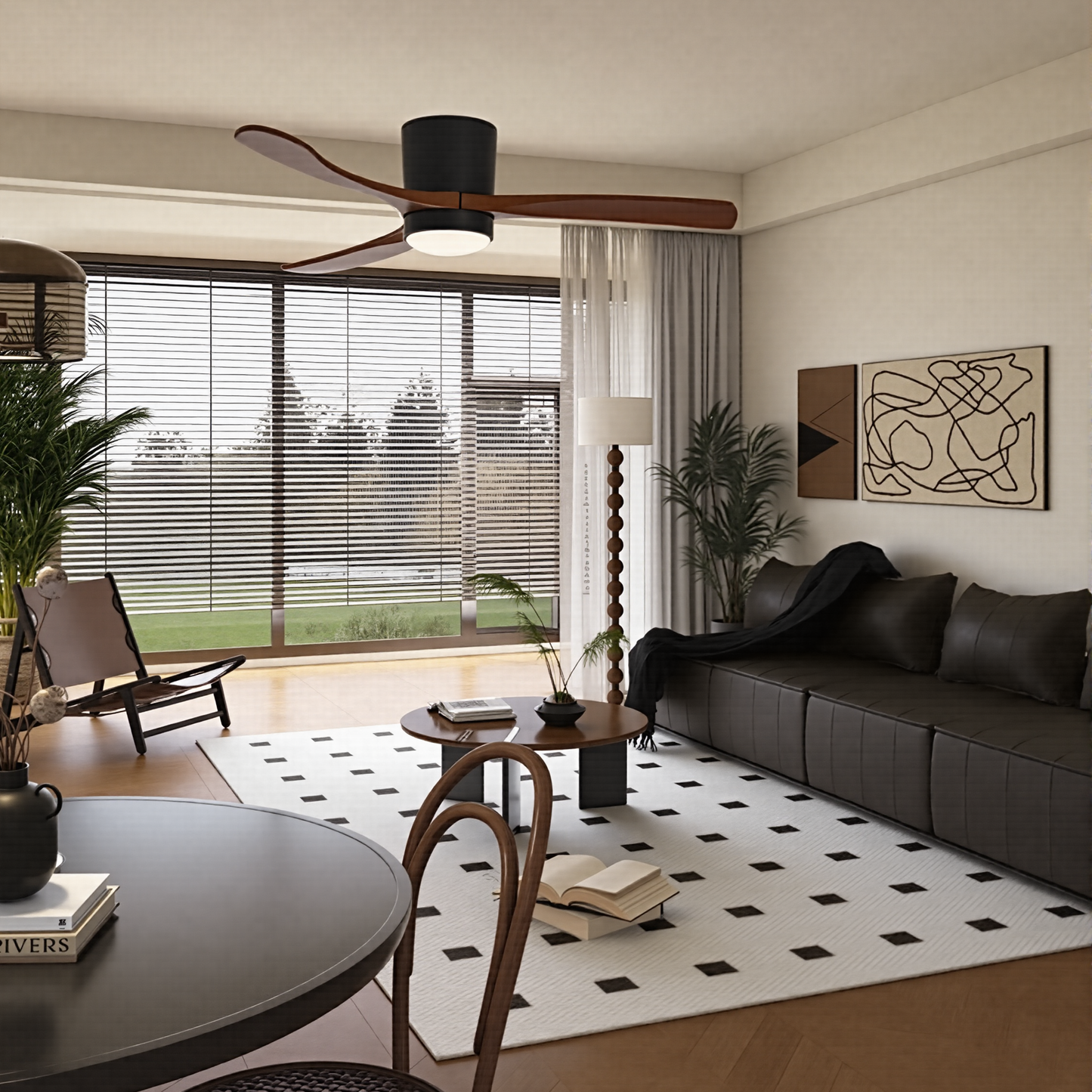 Modern Low Profile Solid Wood Ceiling Fan with Light - 3-Blade Hugger LED Fan Flush Mount