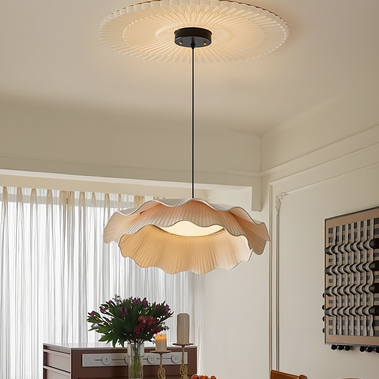 Modern 2-Tier Pleated Fabric Lotus Pendant Light - Japandi Floral Chandelier