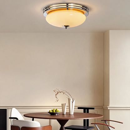 Mid-Century Bauhaus Chrome Flush Mount Ceiling Light - Amber Glass Bowl